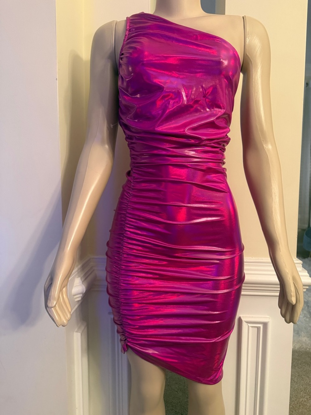 One-Shoulder Metallic Fuchsia Ruched Mini Dress (NWOT)